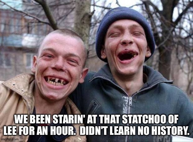 No teeth | WE BEEN STARIN' AT THAT STATCHOO OF LEE FOR AN HOUR.  DIDN'T LEARN NO HISTORY. | image tagged in no teeth | made w/ Imgflip meme maker