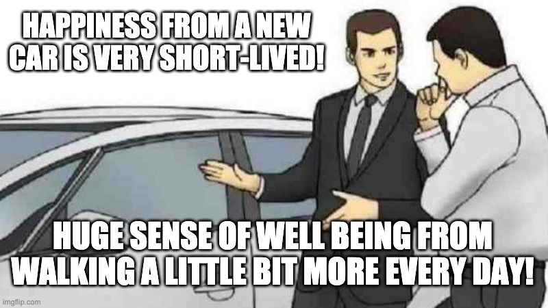 Walk for happiness | HAPPINESS FROM A NEW CAR IS VERY SHORT-LIVED! HUGE SENSE OF WELL BEING FROM WALKING A LITTLE BIT MORE EVERY DAY! | image tagged in memes,car salesman slaps roof of car | made w/ Imgflip meme maker