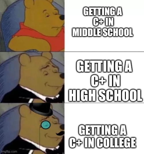 Fancy pooh | GETTING A 
C+ IN MIDDLE SCHOOL; GETTING A 
C+ IN HIGH SCHOOL; GETTING A 
C+ IN COLLEGE | image tagged in fancy pooh | made w/ Imgflip meme maker