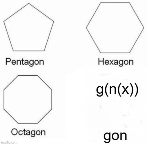 Pentagon Hexagon Octagon Meme | g(n(x)); gon | image tagged in memes,pentagon hexagon octagon | made w/ Imgflip meme maker
