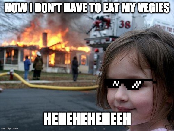 Disaster Girl Meme | NOW I DON'T HAVE TO EAT MY VEGIES; HEHEHEHEHEEH | image tagged in memes,disaster girl | made w/ Imgflip meme maker