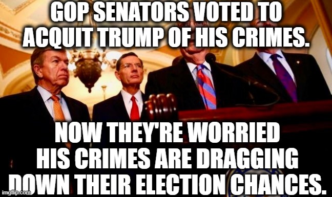 That's some stellar foresight! | GOP SENATORS VOTED TO ACQUIT TRUMP OF HIS CRIMES. NOW THEY'RE WORRIED HIS CRIMES ARE DRAGGING DOWN THEIR ELECTION CHANCES. | image tagged in republicans,donald trump,crime,election,impeachment,gop | made w/ Imgflip meme maker