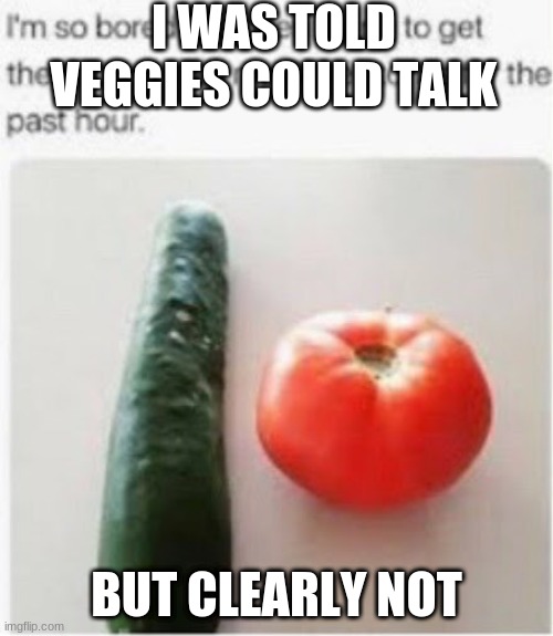 cucumber and tomato | I WAS TOLD VEGGIES COULD TALK; BUT CLEARLY NOT | image tagged in cucumber and tomato | made w/ Imgflip meme maker