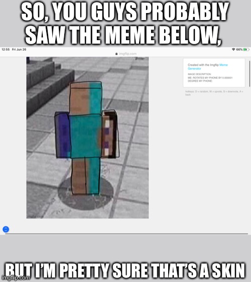 Credit to: (ThatKidOverThere) for making the meme page | SO, YOU GUYS PROBABLY SAW THE MEME BELOW, BUT I’M PRETTY SURE THAT’S A SKIN | image tagged in minecraft | made w/ Imgflip meme maker