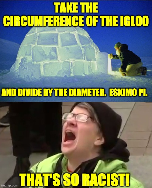 Racism? | TAKE THE CIRCUMFERENCE OF THE IGLOO; AND DIVIDE BY THE DIAMETER.  ESKIMO PI. THAT'S SO RACIST! | image tagged in screaming liberal | made w/ Imgflip meme maker