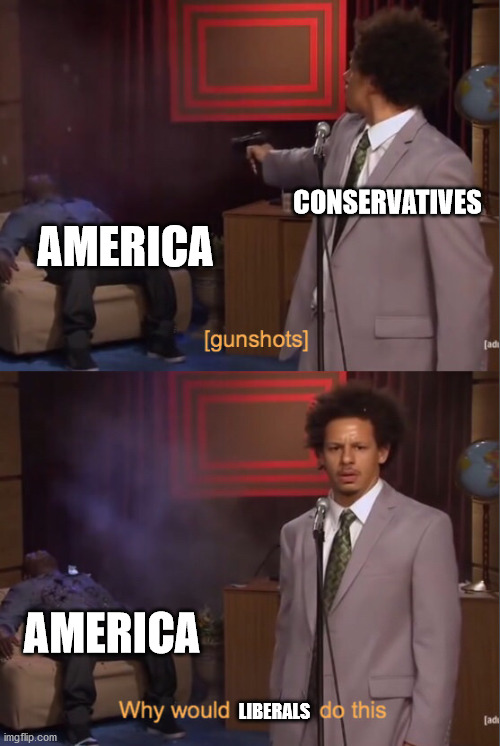 Gunshots | CONSERVATIVES; AMERICA; AMERICA; LIBERALS | image tagged in gunshots,liberals vs conservatives | made w/ Imgflip meme maker