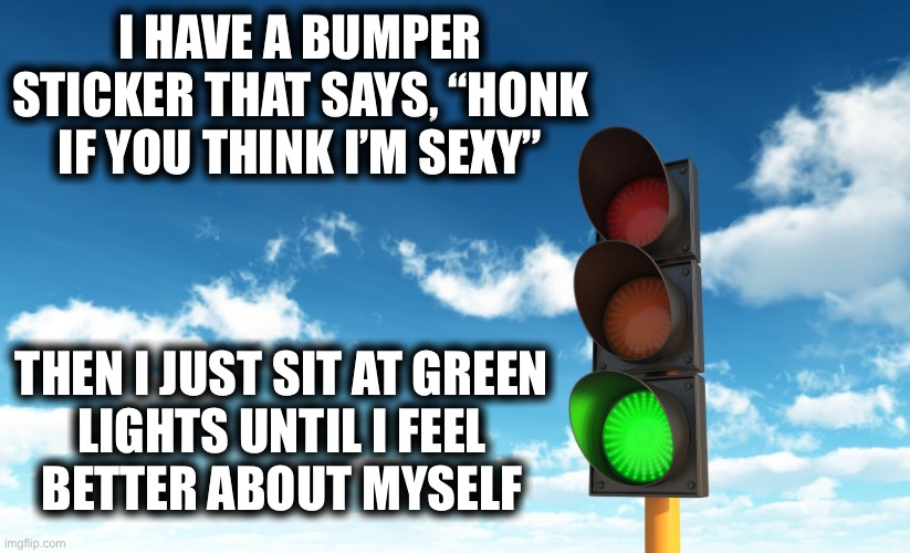 Honk if you think I’m sexy |  I HAVE A BUMPER STICKER THAT SAYS, “HONK IF YOU THINK I’M SEXY”; THEN I JUST SIT AT GREEN
LIGHTS UNTIL I FEEL
BETTER ABOUT MYSELF | image tagged in green,light,traffic,bumper sticker,car,sexy | made w/ Imgflip meme maker