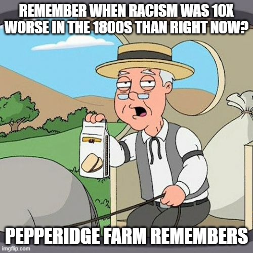 Pepperidge Farm Remembers | REMEMBER WHEN RACISM WAS 10X WORSE IN THE 1800S THAN RIGHT NOW? PEPPERIDGE FARM REMEMBERS | image tagged in memes,pepperidge farm remembers | made w/ Imgflip meme maker