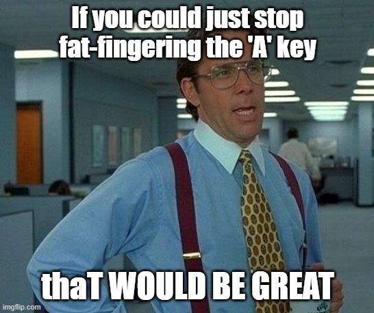 That Would Be Great Meme | If you could just stop fat-fingering the 'A' key; thaT WOULD BE GREAT | image tagged in memes,that would be great | made w/ Imgflip meme maker