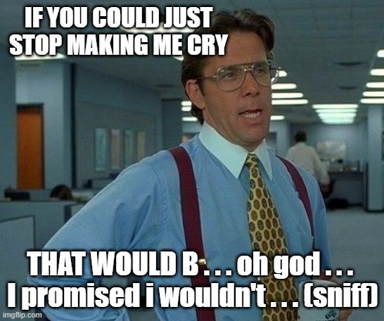 That Would Be Great Meme | IF YOU COULD JUST STOP MAKING ME CRY; THAT WOULD B . . . oh god . . . 
I promised i wouldn't . . . (sniff) | image tagged in memes,that would be great | made w/ Imgflip meme maker
