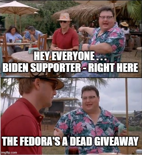 See Nobody Cares | HEY EVERYONE . . . BIDEN SUPPORTER - RIGHT HERE; THE FEDORA'S A DEAD GIVEAWAY | image tagged in memes,see nobody cares | made w/ Imgflip meme maker