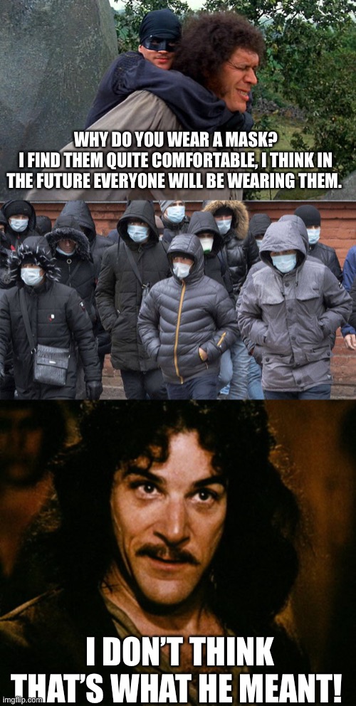 Princess Mask | WHY DO YOU WEAR A MASK?
I FIND THEM QUITE COMFORTABLE, I THINK IN THE FUTURE EVERYONE WILL BE WEARING THEM. I DON’T THINK THAT’S WHAT HE MEANT! | image tagged in face mask,funny memes,princess bride | made w/ Imgflip meme maker