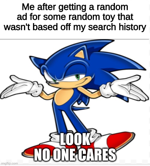 dunno why this happens | Me after getting a random ad for some random toy that wasn't based off my search history; LOOK
NO ONE CARES | image tagged in sonic the hedgehog,literally no one cares | made w/ Imgflip meme maker