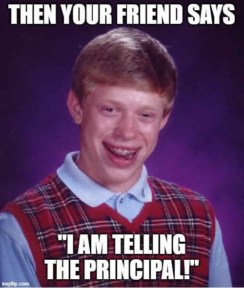 Bad Luck Brian Meme | THEN YOUR FRIEND SAYS "I AM TELLING THE PRINCIPAL!" | image tagged in memes,bad luck brian | made w/ Imgflip meme maker
