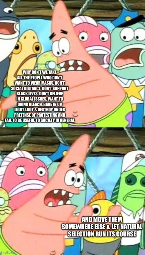 Patrick's onto something | WHY DON’T WE TAKE ALL THE PEOPLE WHO DON’T WANT TO WEAR MASKS, DON’T SOCIAL DISTANCE, DON’T SUPPORT BLACK LIVES, DON’T BELIEVE IN GLOBAL ISSUES, WANT TO DRINK BLEACH, BAKE IN UV LIGHT, LOOT & DESTROY UNDER PRETENSE OF PROTESTING AND FAIL TO BE USEFUL TO SOCIETY IN GENERAL; AND MOVE THEM SOMEWHERE ELSE & LET NATURAL SELECTION RUN ITS COURSE | image tagged in memes,put it somewhere else patrick | made w/ Imgflip meme maker