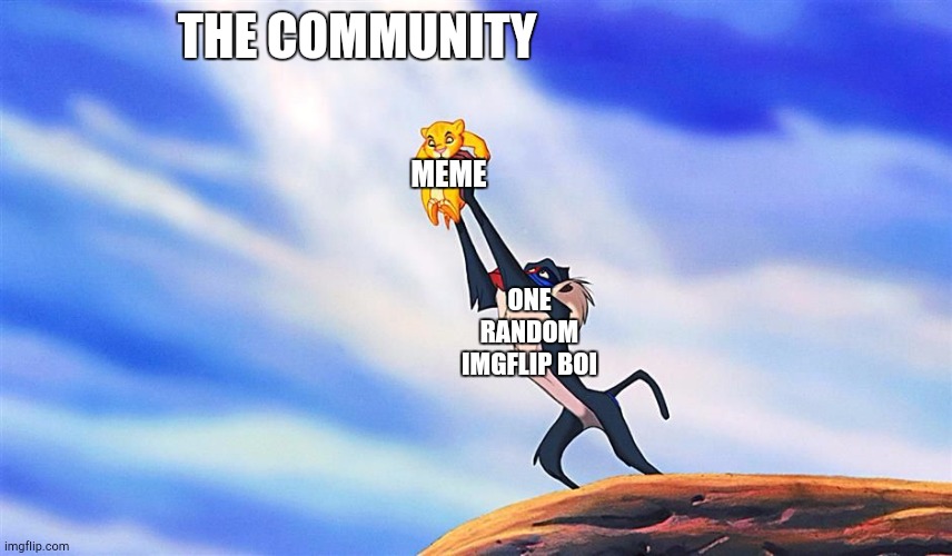 Meme | THE COMMUNITY; MEME; ONE RANDOM IMGFLIP BOI | image tagged in lion king rafiki simba | made w/ Imgflip meme maker