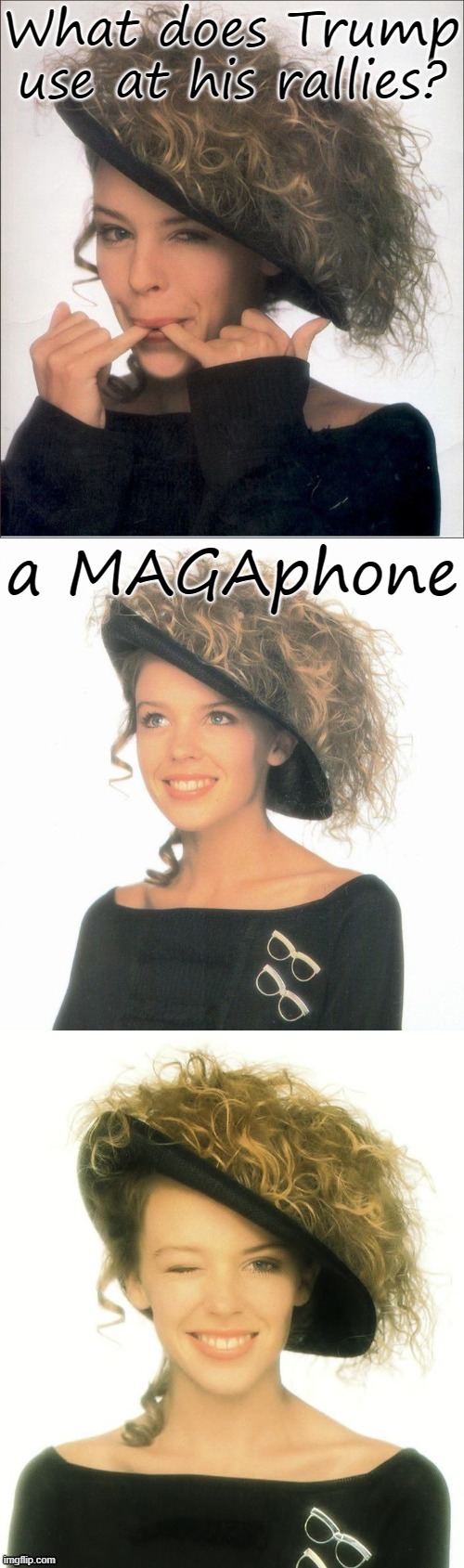 Trying out my new Bad Pun Kylie Minogue hat template! | What does Trump use at his rallies? a MAGAphone | image tagged in bad pun kylie minogue hat,bad pun,new template,custom template,maga,megaphone | made w/ Imgflip meme maker