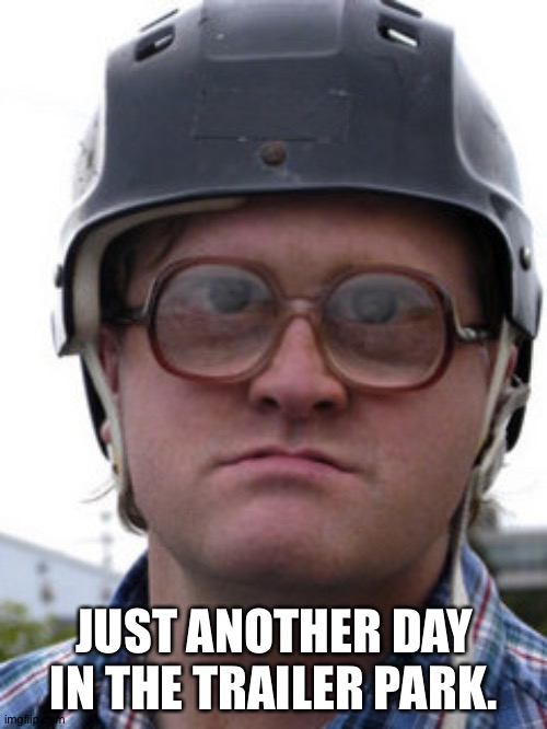 bubbles trailer park boys | JUST ANOTHER DAY IN THE TRAILER PARK. | image tagged in bubbles trailer park boys | made w/ Imgflip meme maker