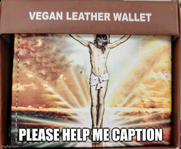 Vegan Jesus wallet | PLEASE HELP ME CAPTION | image tagged in vegan jesus wallet | made w/ Imgflip meme maker
