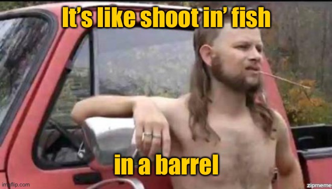 almost politically correct redneck | It’s like shoot in’ fish in a barrel | image tagged in almost politically correct redneck | made w/ Imgflip meme maker