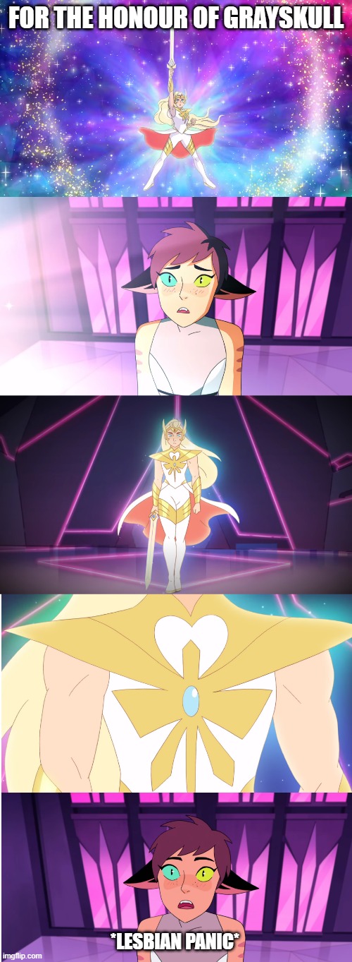 She-ra and Catra | FOR THE HONOUR OF GRAYSKULL; *LESBIAN PANIC* | image tagged in she-ra and catra | made w/ Imgflip meme maker