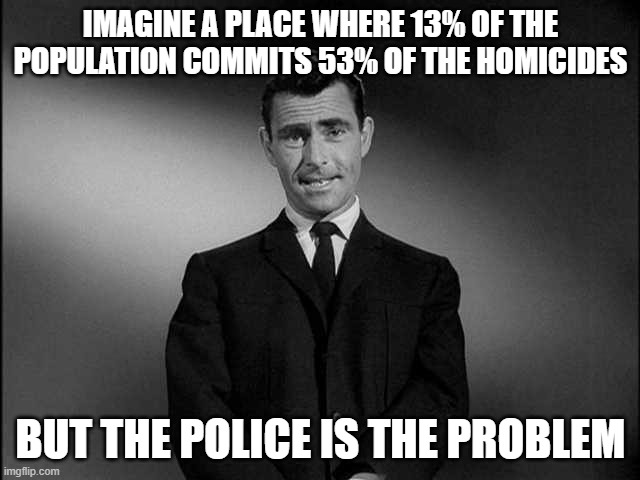 Rod Serling Twilight Zone | IMAGINE A PLACE WHERE 13% OF THE POPULATION COMMITS 53% OF THE HOMICIDES; BUT THE POLICE IS THE PROBLEM | image tagged in rod serling twilight zone | made w/ Imgflip meme maker