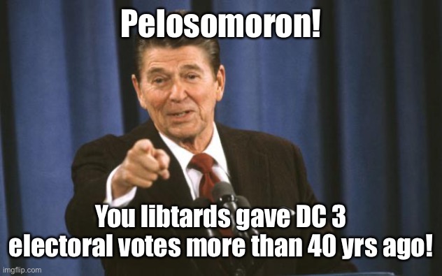 Ronald Reagan | Pelosomoron! You libtards gave DC 3 electoral votes more than 40 yrs ago! | image tagged in ronald reagan | made w/ Imgflip meme maker