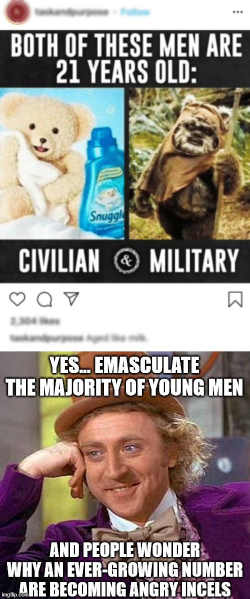 YES... EMASCULATE THE MAJORITY OF YOUNG MEN; AND PEOPLE WONDER WHY AN EVER-GROWING NUMBER ARE BECOMING ANGRY INCELS | image tagged in memes,creepy condescending wonka,military,young,incel,bears | made w/ Imgflip meme maker