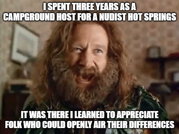 What Year Is It | I SPENT THREE YEARS AS A CAMPGROUND HOST FOR A NUDIST HOT SPRINGS; IT WAS THERE I LEARNED TO APPRECIATE FOLK WHO COULD OPENLY AIR THEIR DIFFERENCES | image tagged in memes,what year is it | made w/ Imgflip meme maker