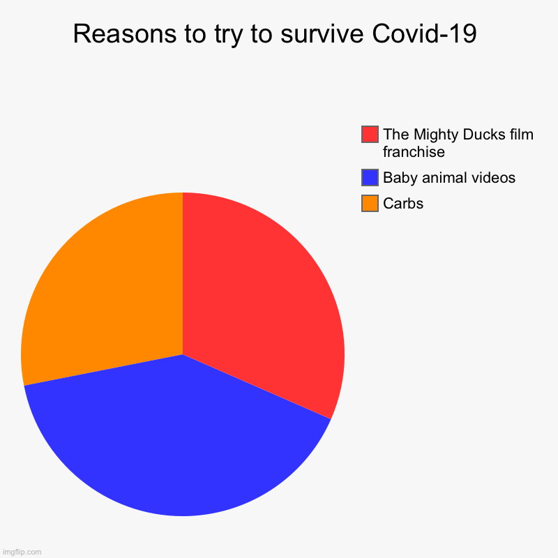 Reasons to try to survive Covid-19 | Carbs, Baby animal videos, The Mighty Ducks film franchise | image tagged in charts,pie charts | made w/ Imgflip chart maker