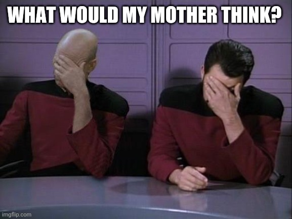 Double Facepalm | WHAT WOULD MY MOTHER THINK? | image tagged in double facepalm | made w/ Imgflip meme maker