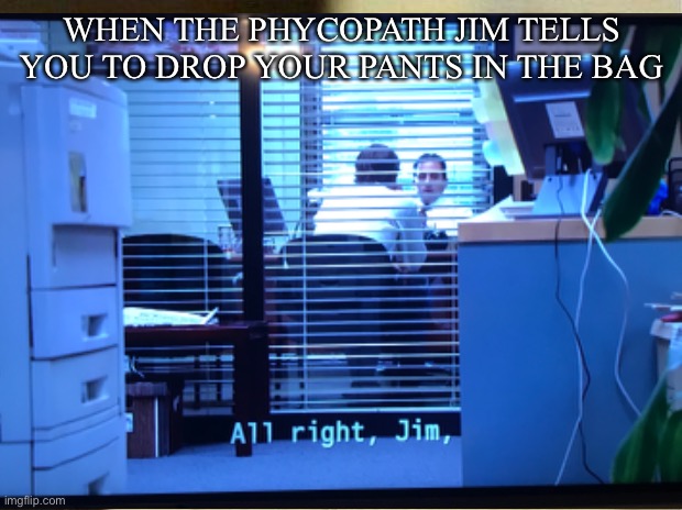 Making a meme of every line of the office day 1 | WHEN THE PHYCOPATH JIM TELLS YOU TO DROP YOUR PANTS IN THE BAG | image tagged in the office,jim halpert,funny | made w/ Imgflip meme maker
