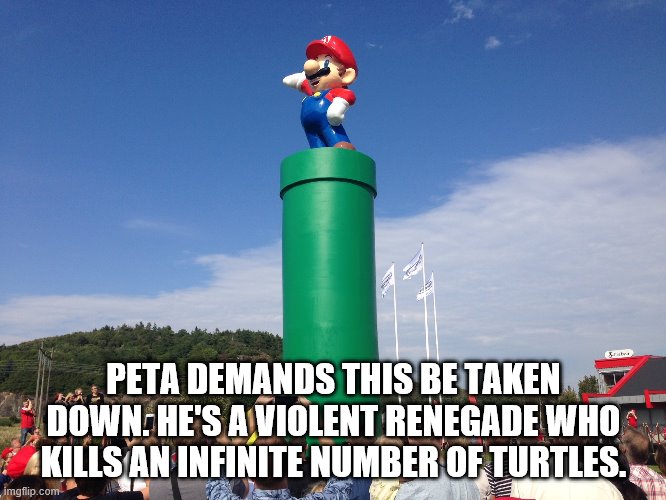 Mario Wanted | PETA DEMANDS THIS BE TAKEN DOWN. HE'S A VIOLENT RENEGADE WHO KILLS AN INFINITE NUMBER OF TURTLES. | image tagged in statues | made w/ Imgflip meme maker