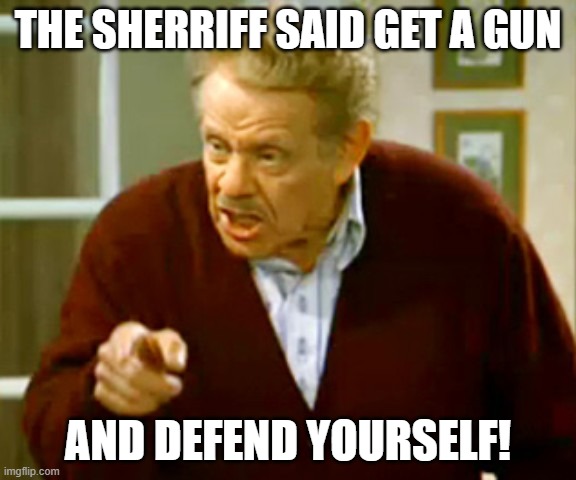 Jerry Stiller | THE SHERRIFF SAID GET A GUN; AND DEFEND YOURSELF! | image tagged in jerry stiller,florida sherriff,get a gun | made w/ Imgflip meme maker