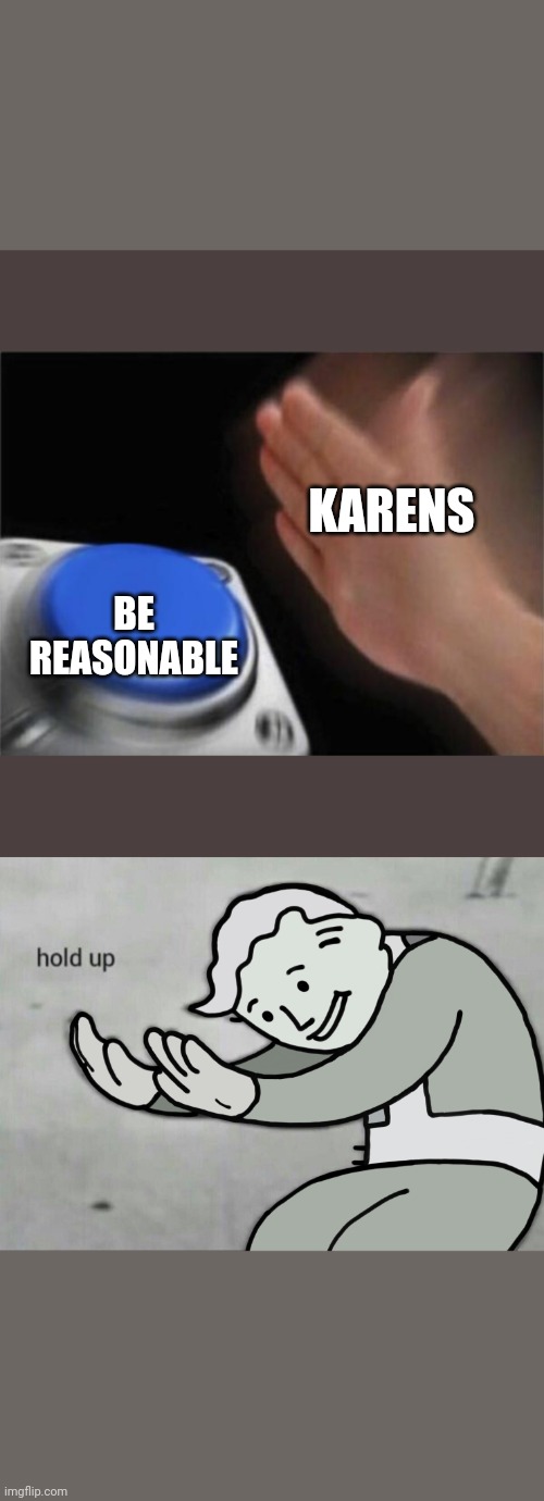 KARENS; BE REASONABLE | image tagged in memes,blank nut button,wait hold up | made w/ Imgflip meme maker