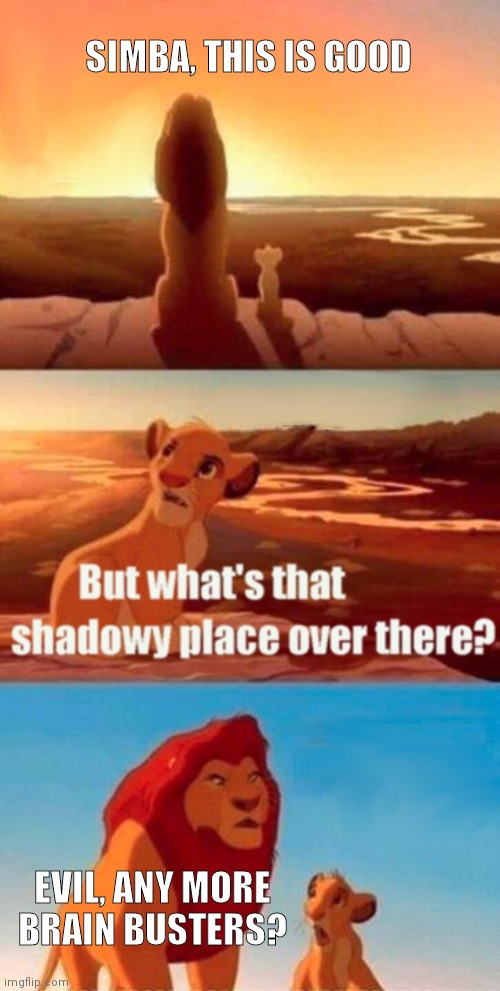 Good versus evil | SIMBA, THIS IS GOOD; EVIL, ANY MORE BRAIN BUSTERS? | image tagged in memes,simba shadowy place | made w/ Imgflip meme maker