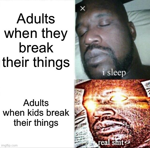 Sleeping Shaq Meme | Adults when they break their things; Adults when kids break their things | image tagged in memes,sleeping shaq | made w/ Imgflip meme maker