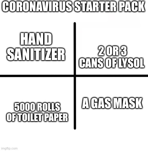Blank Starter Pack | CORONAVIRUS STARTER PACK; HAND SANITIZER; 2 OR 3 CANS OF LYSOL; A GAS MASK; 5000 ROLLS OF TOILET PAPER | image tagged in memes,blank starter pack | made w/ Imgflip meme maker