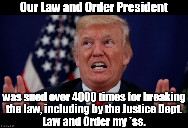 The documentation is bullet-proof. Trump has spent his entire career entangled in Mafias, first Italian, now Russian. | Our Law and Order President; was sued over 4000 times for breaking the law, including by the Justice Dept. Law and Order my *ss. | image tagged in trump,law and order,criminal,crime,guilty,crook | made w/ Imgflip meme maker