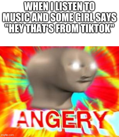 DOWN WITH TIKTOK!!!!!!!!!!!!!!!!!!!!!!!!!!!!!!! | WHEN I LISTEN TO MUSIC AND SOME GIRL SAYS "HEY THAT'S FROM TIKTOK" | image tagged in blank white template,surreal angery | made w/ Imgflip meme maker