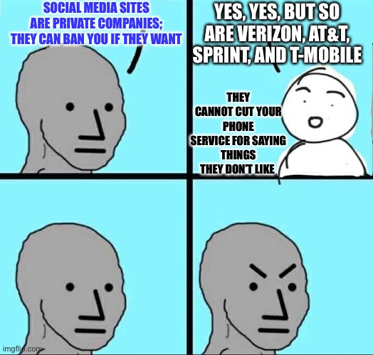 NPC Meme | SOCIAL MEDIA SITES ARE PRIVATE COMPANIES; THEY CAN BAN YOU IF THEY WANT; YES, YES, BUT SO ARE VERIZON, AT&T, SPRINT, AND T-MOBILE; THEY CANNOT CUT YOUR PHONE SERVICE FOR SAYING THINGS THEY DON’T LIKE | image tagged in npc,social media,free speech,censorship,phone,company | made w/ Imgflip meme maker