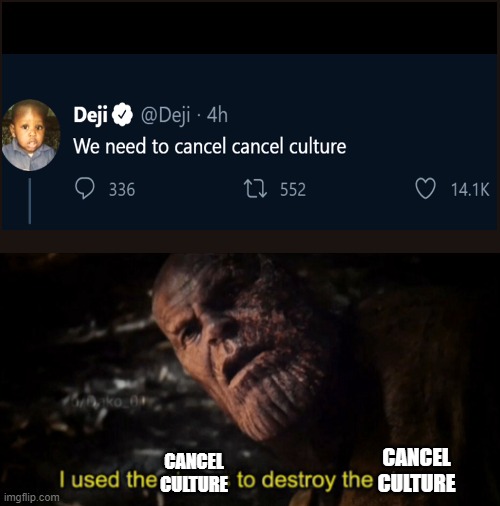 Cancel culture doe have to stop though | CANCEL CULTURE; CANCEL CULTURE | image tagged in i used the stones to destroy the stones | made w/ Imgflip meme maker