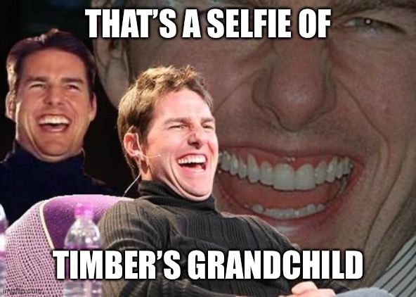 Tom Cruise laugh | THAT’S A SELFIE OF TIMBER’S GRANDCHILD | image tagged in tom cruise laugh | made w/ Imgflip meme maker