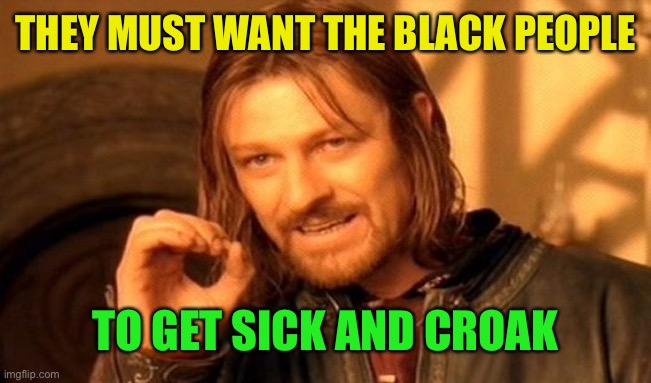 One Does Not Simply Meme | THEY MUST WANT THE BLACK PEOPLE TO GET SICK AND CROAK | image tagged in memes,one does not simply | made w/ Imgflip meme maker