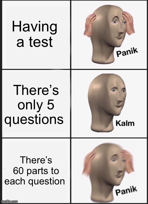 Panic attack | Having a test; There’s only 5 questions; There’s 60 parts to each question | image tagged in memes,panik kalm panik | made w/ Imgflip meme maker