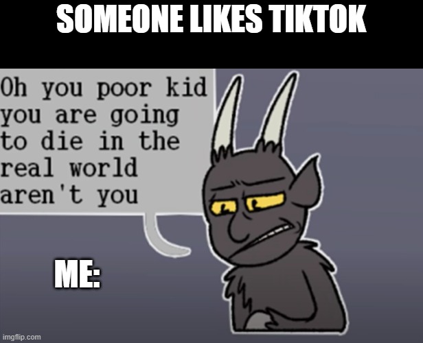 Your going to die in the real world tiktok version | SOMEONE LIKES TIKTOK; ME: | image tagged in you're going to die aren't you | made w/ Imgflip meme maker