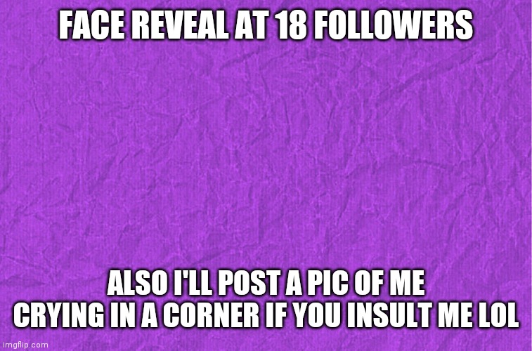 Generic purple background | FACE REVEAL AT 18 FOLLOWERS; ALSO I'LL POST A PIC OF ME CRYING IN A CORNER IF YOU INSULT ME LOL | image tagged in generic purple background | made w/ Imgflip meme maker