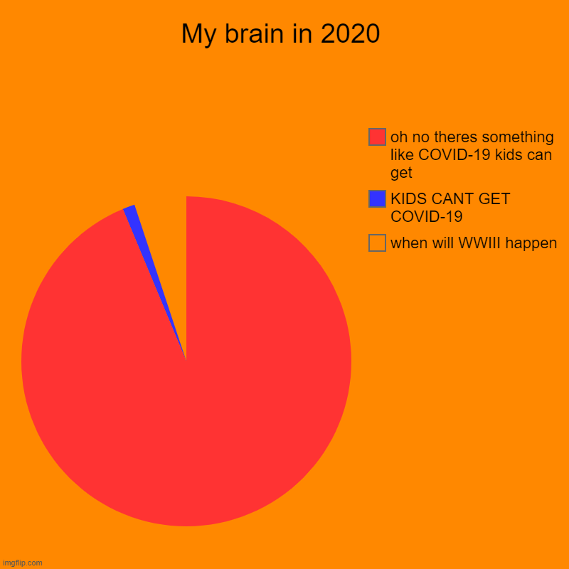 My brain in 2020 | when will WWIII happen, KIDS CANT GET COVID-19, oh no theres something like COVID-19 kids can get | image tagged in charts,pie charts | made w/ Imgflip chart maker