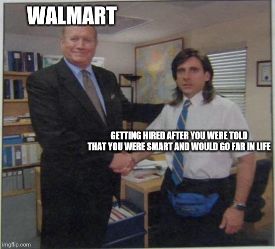 the office handshake | WALMART; GETTING HIRED AFTER YOU WERE TOLD THAT YOU WERE SMART AND WOULD GO FAR IN LIFE | image tagged in the office handshake | made w/ Imgflip meme maker