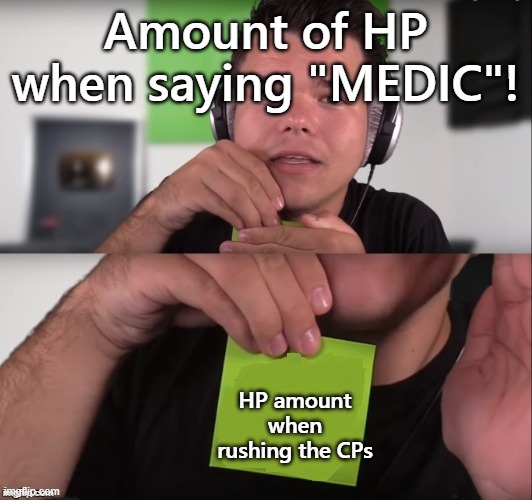 jelly meme | Amount of HP when saying "MEDIC"! HP amount when rushing the CPs | image tagged in jelly meme | made w/ Imgflip meme maker